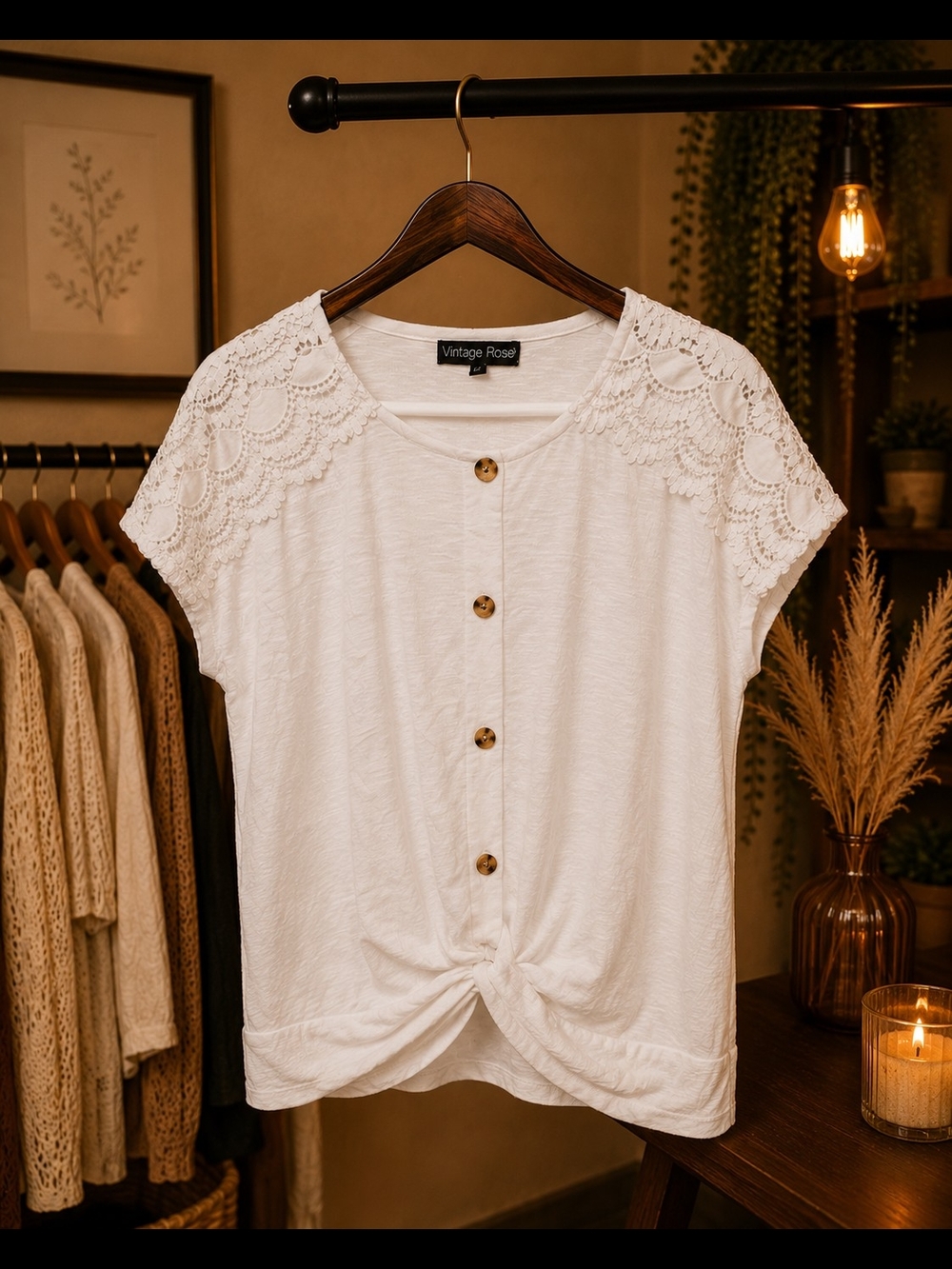 Vintage Rose White Lace Crochet Shoulder Twist Knot Top L